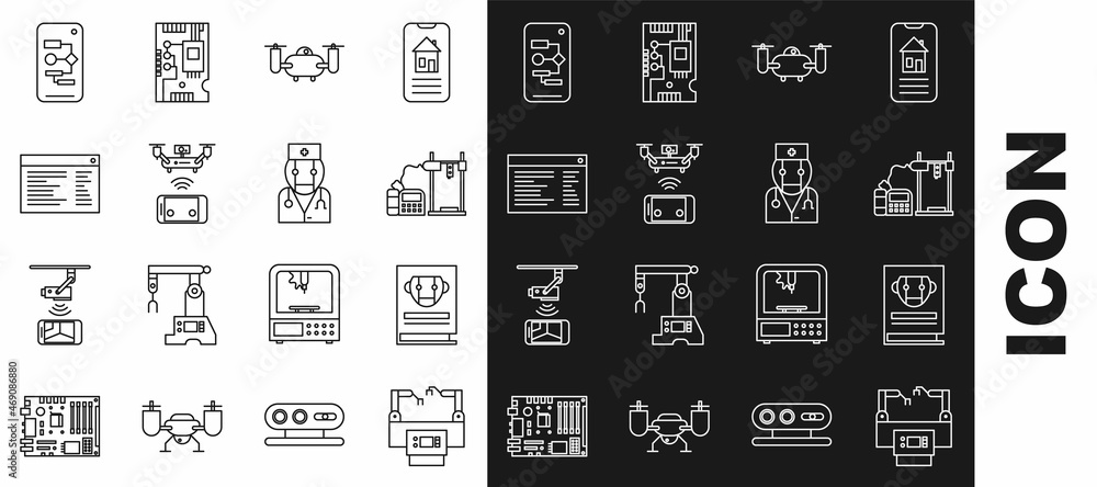 Fototapeta premium Set line Assembly line, User manual, 3D printer, Drone flying with action camera, Remote aerial drone, Software, web developer programming code, Algorithm and Robot doctor icon. Vector