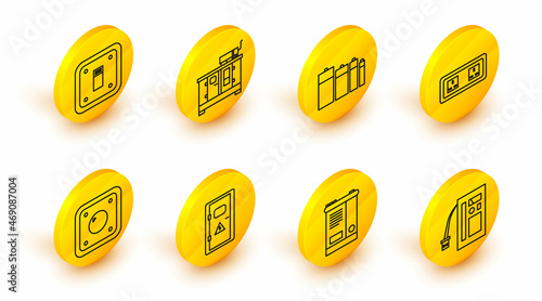 Set line Battery, Car battery, Electrical cabinet, light switch, outlet, Diesel power generator and icon. Vector