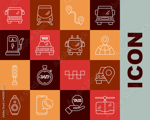 Set line Cable car, Map pointer with taxi, Location on the globe, Route location, Taxi, Electric charging station, Bus and Trolleybus icon. Vector