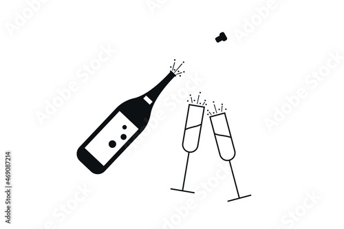 Champagne icons. Cheering opening popping bottles and glasses of champagne, cheers and cheerful signs silhouettes vector illustration. Christmas, new year 2022, EPS 10