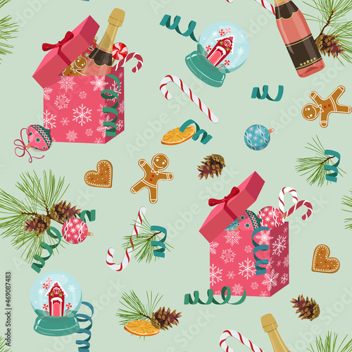 Holiday Christmas background with fir tree and festive decorations balls, stars, snowflakes, champagne, gingerbreads on light background.