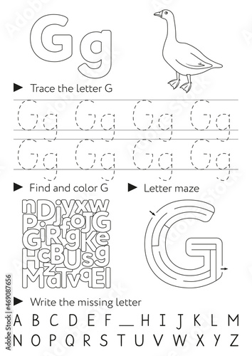 Handwriting workbook for children. Worksheets for learning letters. Activity book for kids. Black and white educational pages for preschool. Letter G.