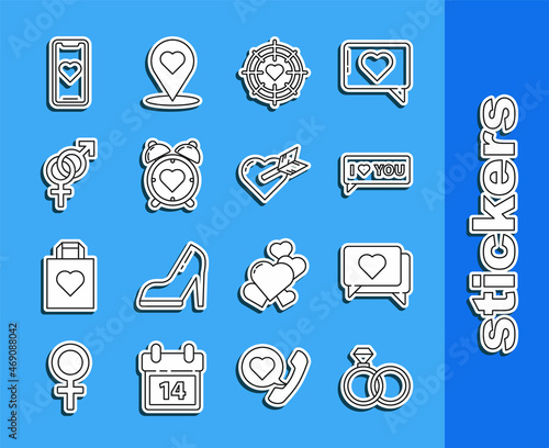 Set line Wedding rings, Like and heart, Speech bubble with I love you, Heart the center of darts target aim, alarm clock, Gender, Mobile phone and Amour arrow icon. Vector