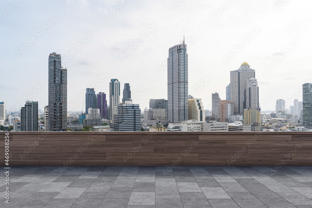 Panoramic Bangkok skyline view, concrete observatory deck on rooftop, daytime. Luxury Asian corporate and residential lifestyle. Financial city downtown, real estate. Product display mockup empty roof Panoramic Bangkok skyline view, concrete observatory deck on rooftop, daytime. Luxury Asian corporate and residential lifestyle. Financial city downtown, real estate. Product display mockup empty roof