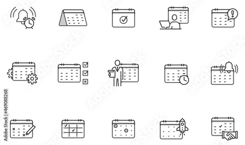Vector set of linear icons related to calendar, appointment, planning, time management and scheduled tasks. Mono line pictograms and infographics design elements with shadows