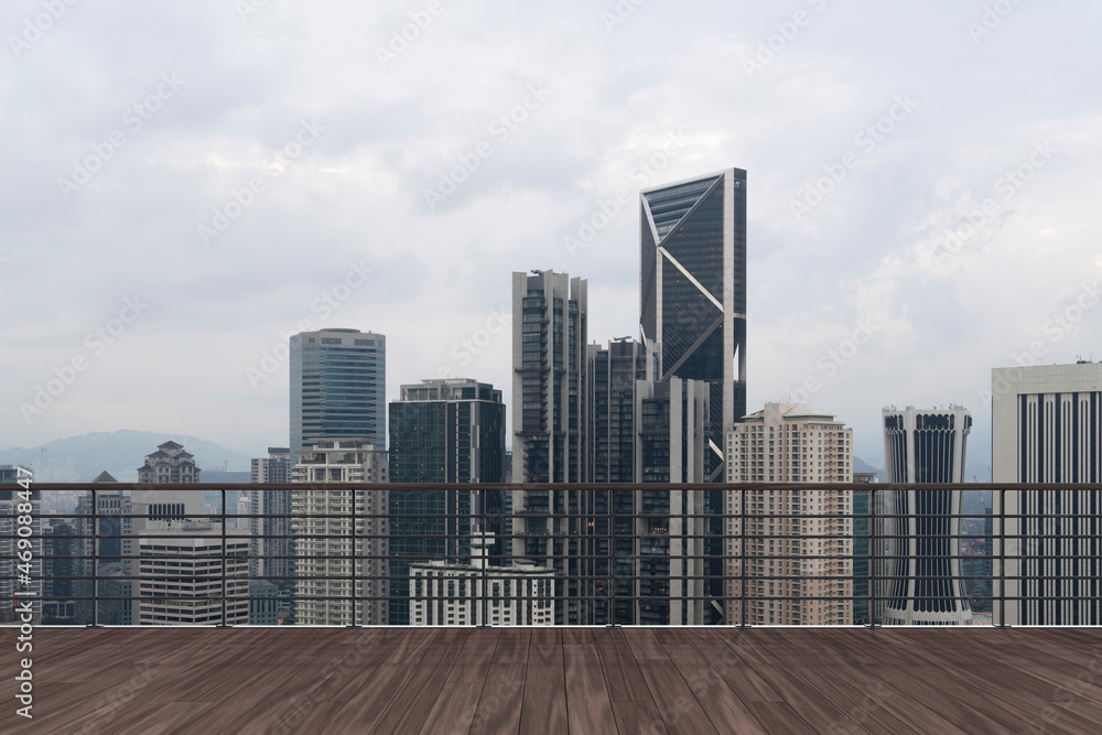 Panoramic Kuala Lumpur skyline view, wooden observatory deck on rooftop, daytime. Asian corporate and residential lifestyle. Financial city downtown, real estate. Product display mockup empty roof