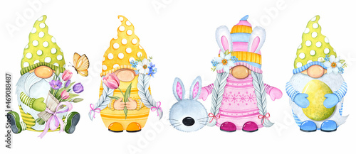 Spring flowers. Cute Easter gnomes. Watercolor illustration. Easter card.