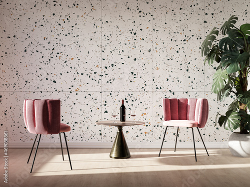 Pink Cahir next to table in colorful living room interior with Terrazzo wall tiles. 3D-Illustration photo
