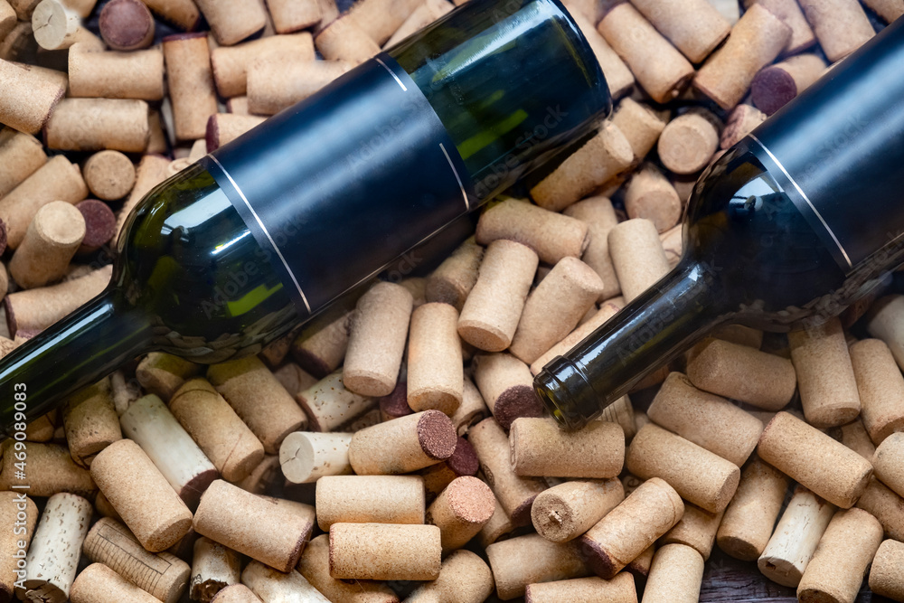 Wine bottle standing on wine corks. top view Wine bottle standing on wine corks. top view