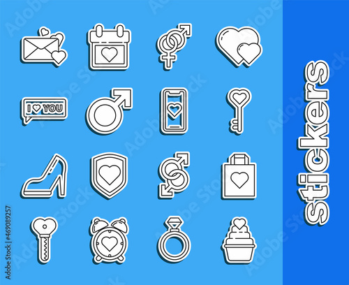 Set line , Shopping bag with heart, Key shape, Gender, Male gender symbol, Speech bubble I love you, Envelope and Mobile phone icon. Vector