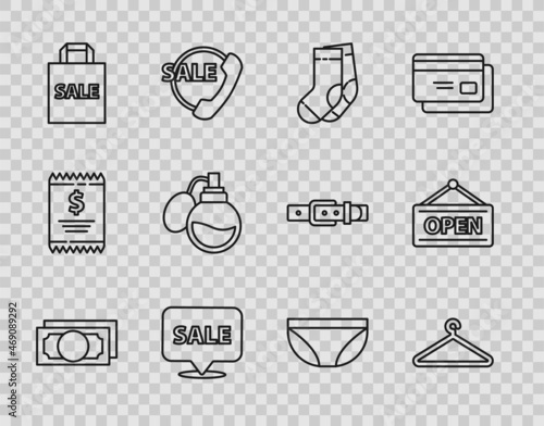 Set line Stacks paper money cash, Hanger wardrobe, Socks, Hanging sign with Sale, Shoping bag, Perfume, Underwear and Open icon. Vector