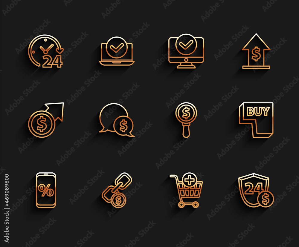 Set line Percent discount and mobile, Chain link coin, Clock 24 hours, Add to Shopping cart, Shield with dollar, Speech bubble, Buy button and Magnifying glass icon. Vector Set line Percent discount and mobile, Chain link coin, Clock 24 hours, Add to Shopping cart, Shield with dollar, Speech bubble, Buy button and Magnifying glass icon. Vector