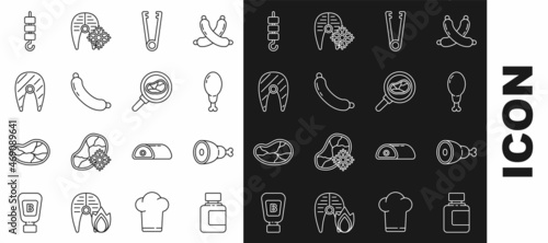 Set line Sauce bottle, Chicken leg, Meat tongs, Sausage, Fish steak, Grilled shish kebab skewer stick and Steak meat in frying pan icon. Vector