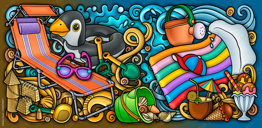 Cartoon cute doodles hand drawn summer beach children's entertainment illustration. Cartoon cute doodles hand drawn summer beach children's entertainment illustration.