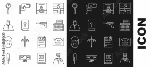 Set line Police officer, Retro audio cassette tape, typewriter, Wanted poster, Holy bible book, Lawyer, attorney, jurist, Magnifying glass with search and Pistol gun silencer icon. Vector