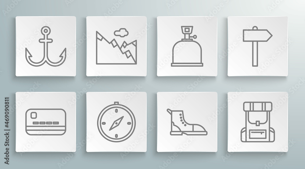 Set line Credit card, Mountains, Compass, Hiking boot, backpack, Camping gas stove, Road traffic signpost and Anchor icon. Vector Set line Credit card, Mountains, Compass, Hiking boot, backpack, Camping gas stove, Road traffic signpost and Anchor icon. Vector