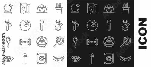 Set line Carnival garland with flags, Magic wand, Bottle love potion, Circus tent, ball of predictions, and icon. Vector