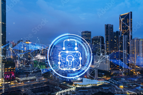 Canvas Print Glowing padlock hologram, night panoramic city view of Kuala Lumpur, Malaysia, Asia