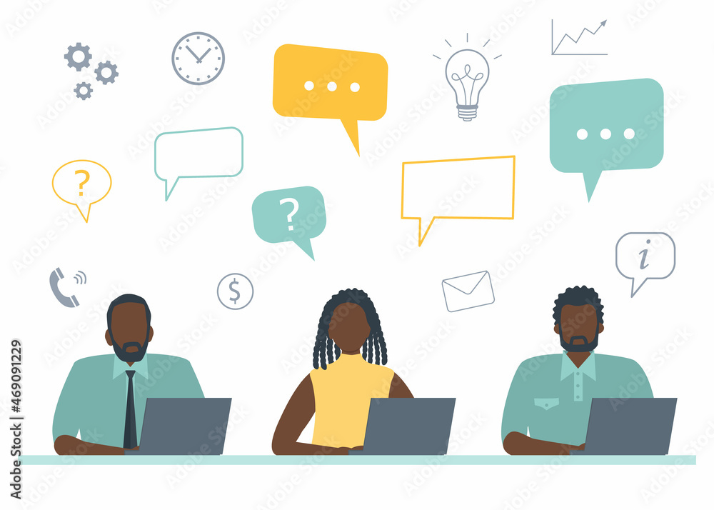 Office workers are working on laptops. Business icons. Young men and woman are sitting at the table on a white background. Funky flat style. Vector illustration Office workers are working on laptops. Business icons. Young men and woman are sitting at the table on a white background. Funky flat style. Vector illustration