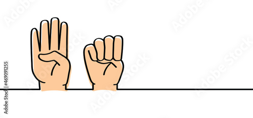 Hand gesture in case of domestic violence, insecurity. Sign language. The violence at home signal for help. Vector stop symbol or pictogram. Line pattern. Domestic Violence awareness month, October.