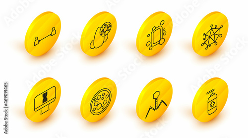 Set line Bottle of liquid antibacterial soap, Bacteria bacteriophage, Virus, DNA spiral and computer, Bar, Runny nose virus and Safe distance icon. Vector