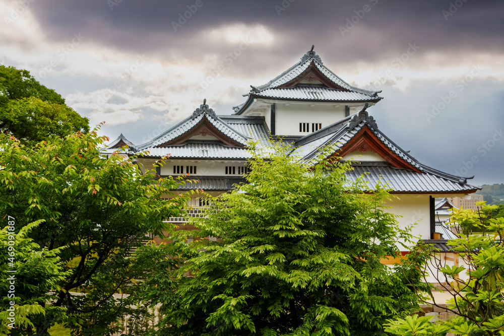 Scenery of the Kanazawa castle park in Kanazawa, Japan. Traditional japanese castle with garden, japanese culture.