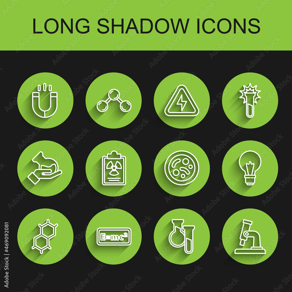 Set line Chemical formula, Equation solution, Magnet, Test tube and flask, Microscope, Radiation warning document, Light bulb with concept of idea and Bacteria icon. Vector Set line Chemical formula, Equation solution, Magnet, Test tube and flask, Microscope, Radiation warning document, Light bulb with concept of idea and Bacteria icon. Vector