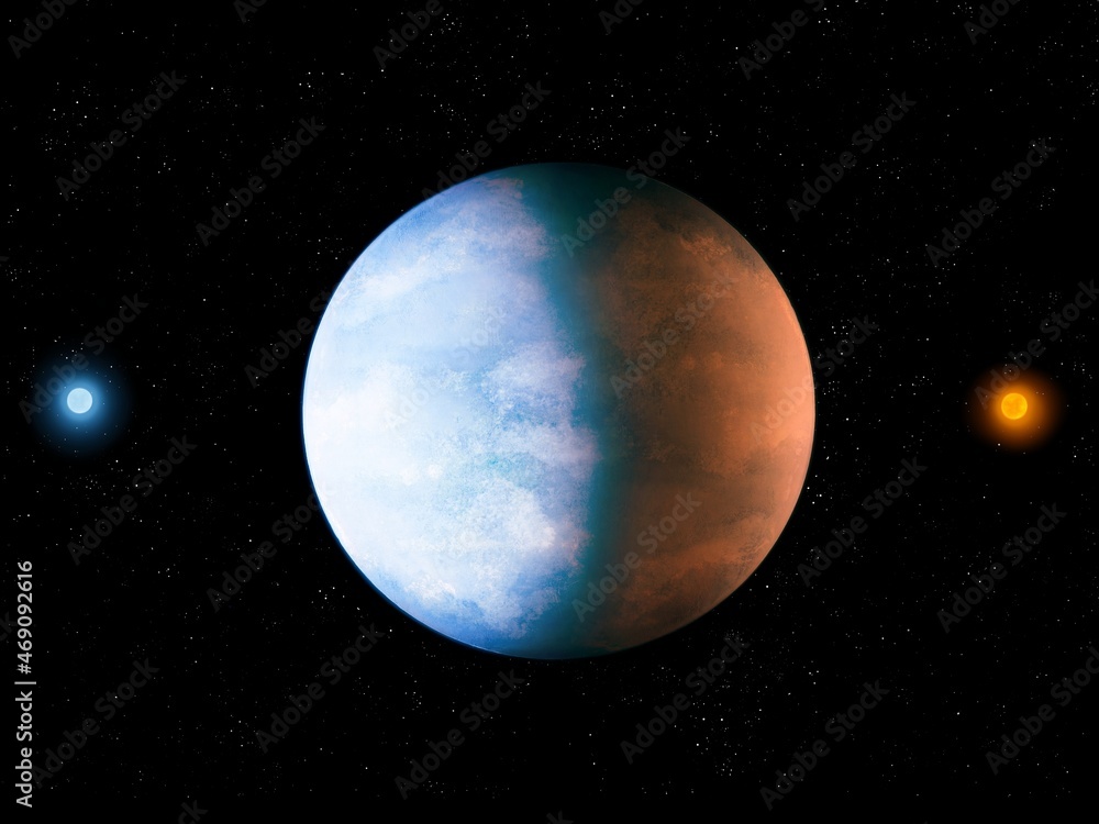 Beautiful planet in space, super-earth with ocean of water and atmosphere, realistic exoplanet.  Planet for colonisation. 