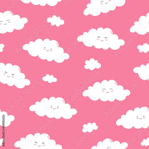 Seamless pattern of white smiling clouds on pink background. Cartoon character in flat style. Vector illustration