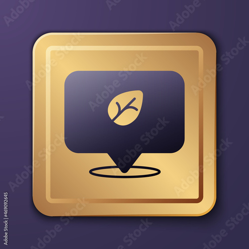 Purple Vegan food diet icon isolated Purple background. Organic, bio, eco symbol. Vegan, no meat, lactose free, healthy, fresh and nonviolent food. Gold square button. Vector
