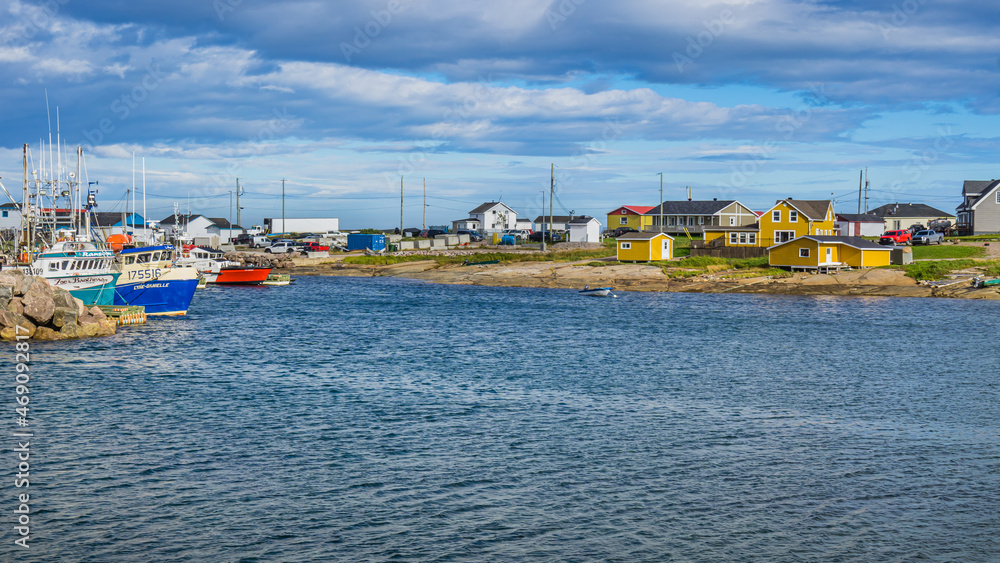 View on the harbor of the small fishing town of Kegaska, at the very end of scenic road 138 in Cote Nord region of Quebec, Canada