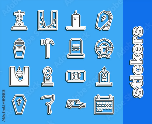 Set line Calendar death, Grave with tombstone, Memorial wreath, Burning candle, Hammer, Funeral, cross and icon. Vector