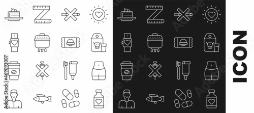 Set line Vitamin pill, Women waist, Paper package for milk, No Smoking, Cooking pot, Smart watch, Cake and Sports nutrition icon. Vector