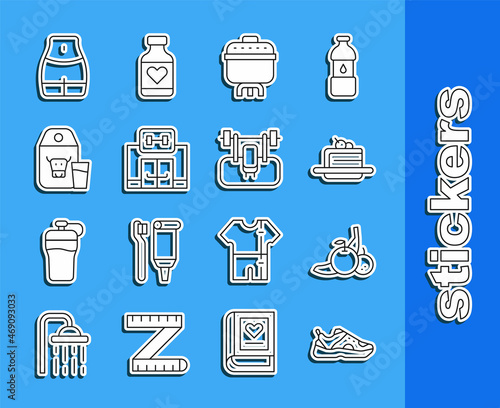 Set line Sport sneakers, Fruit, Cake, Cooking pot, Gym building, Paper package for milk, Women waist and Bench with barbel icon. Vector