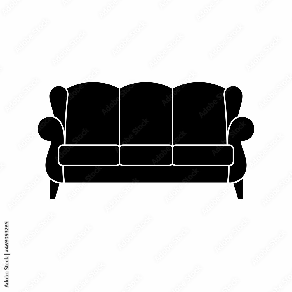 Stylish comfortable sofa icon isolated on white background. Couch interior of a living room or office. Soft furniture for rest and relaxation home. Vector illustration Stylish comfortable sofa icon isolated on white background. Couch interior of a living room or office. Soft furniture for rest and relaxation home. Vector illustration