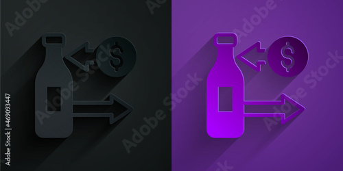 Paper cut Reception and sale of glass bottles icon isolated on black on purple background. Paper art style. Vector