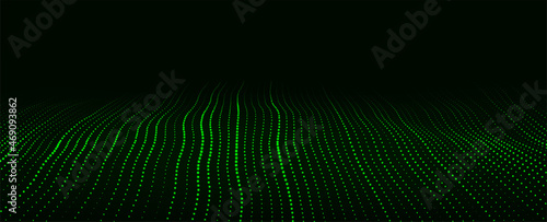 Dynamic green particle wave. Futuristic dots glowing wave. Flow digital structure. Data technology background. Vector illustration.