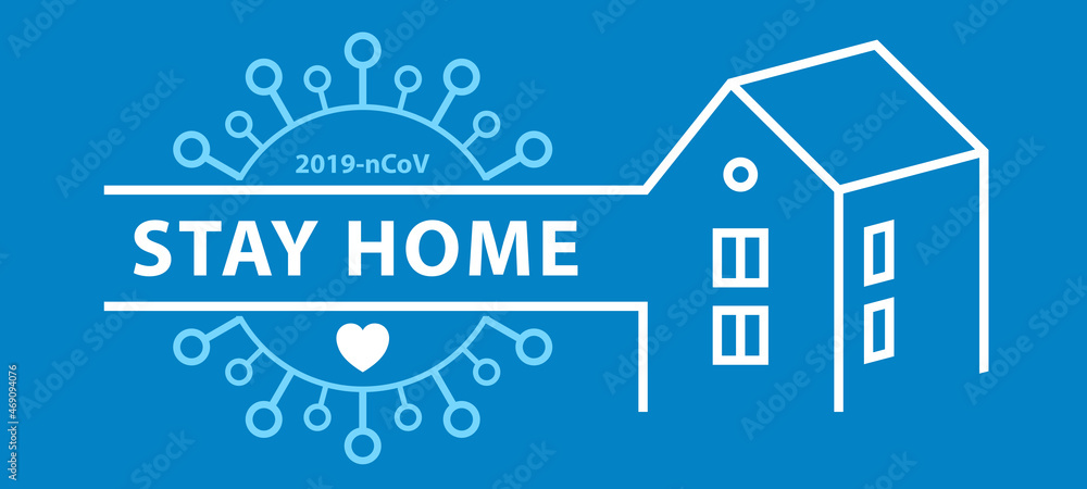 COVID 19 or coronavirus protection campaign logo. Stay at home.  House roof with heart. Virus prevention concept. Vector illustration