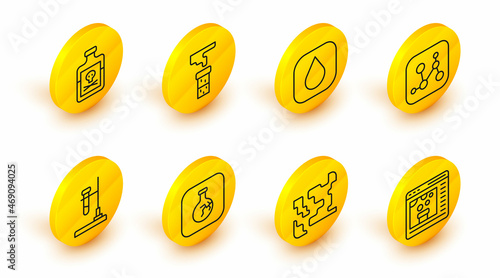 Set line Chemical online, Gaseous, Cracked flask, Test tube fire, formula, Water drop, and and Poison bottle icon. Vector