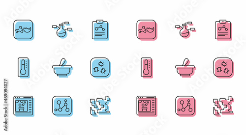 Set line Chemical online, formula, Broken flask, Gaseous, Mortar and pestle, Bacteria, Medical thermometer and Test tube icon. Vector