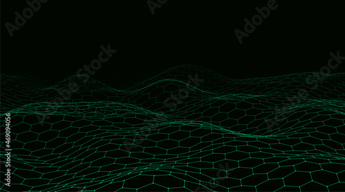 Futuristic green hexagon dynamic wave. Futuristic honeycomb concept. Digital technology web flow. Big data visualization. Vector Illustration.