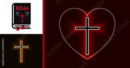 Bible, Cross and Heart Glowing isolated over black background. Fire cross, holy cross. Vector illustration set