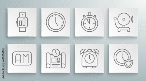 Set line Morning time, Clock, Project plan, Alarm clock, with shield, Stopwatch, Ringing alarm bell and Smartwatch icon. Vector