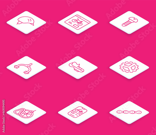 Set line Bicycle helmet, rental mobile app, Metallic screw, brake calipers, shoes, sprocket crank, parking and icon. Vector