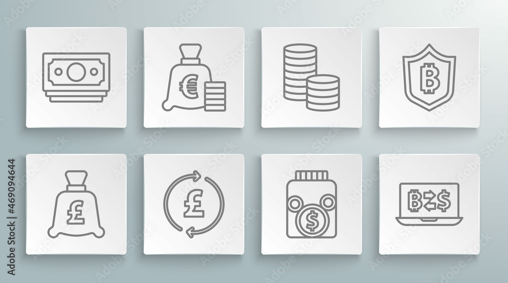 Set line Coin money with pound, euro symbol, Glass jar coin, Cryptocurrency exchange, dollar, Shield bitcoin and Stacks paper cash icon. Vector