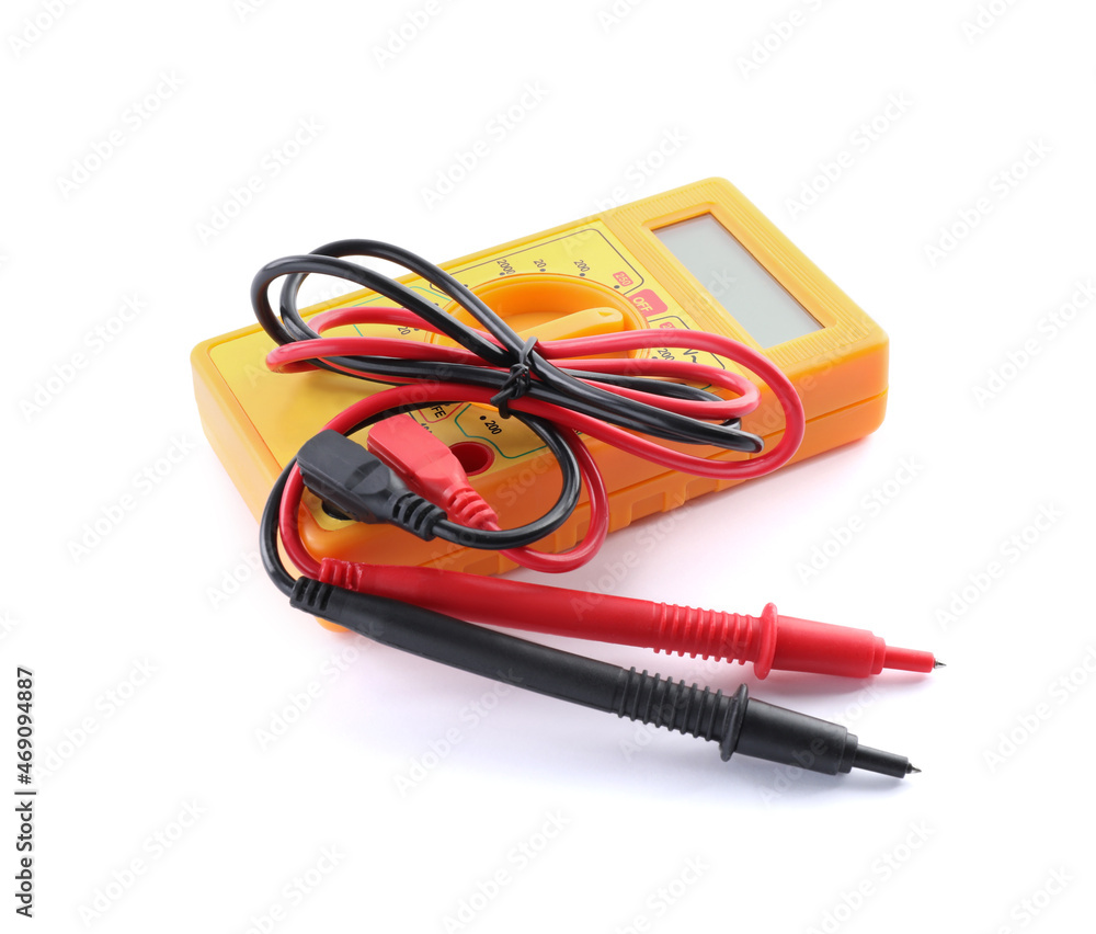 Digital multimeter on white background. Electrician's tool Digital multimeter on white background. Electrician's tool