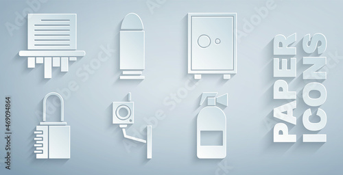Set Security camera, Safe, combination lock, Fire extinguisher, Bullet and Paper shredder icon. Vector
