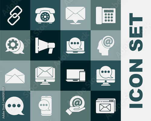 Set Website and envelope, Chat messages notification on monitor, Mail e-mail, Envelope, Megaphone, Speech bubble chat, Chain link and laptop icon. Vector