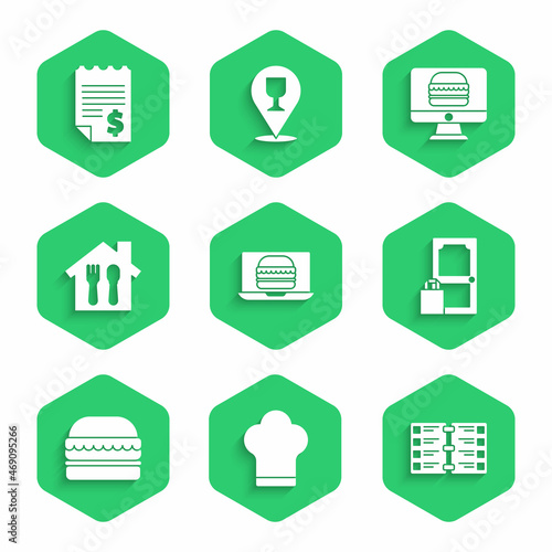 Set Online ordering burger delivery, Chef hat, Restaurant cafe menu, and, Burger, and Paper financial check icon. Vector