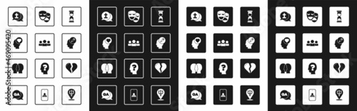 Set Old hourglass, Users group, Broken heart or divorce, Graves funeral sorrow, Addiction to the drug, Comedy and tragedy masks, and Bipolar disorder icon. Vector